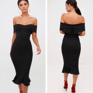 Black Bardot Frill Hem Midi Dress